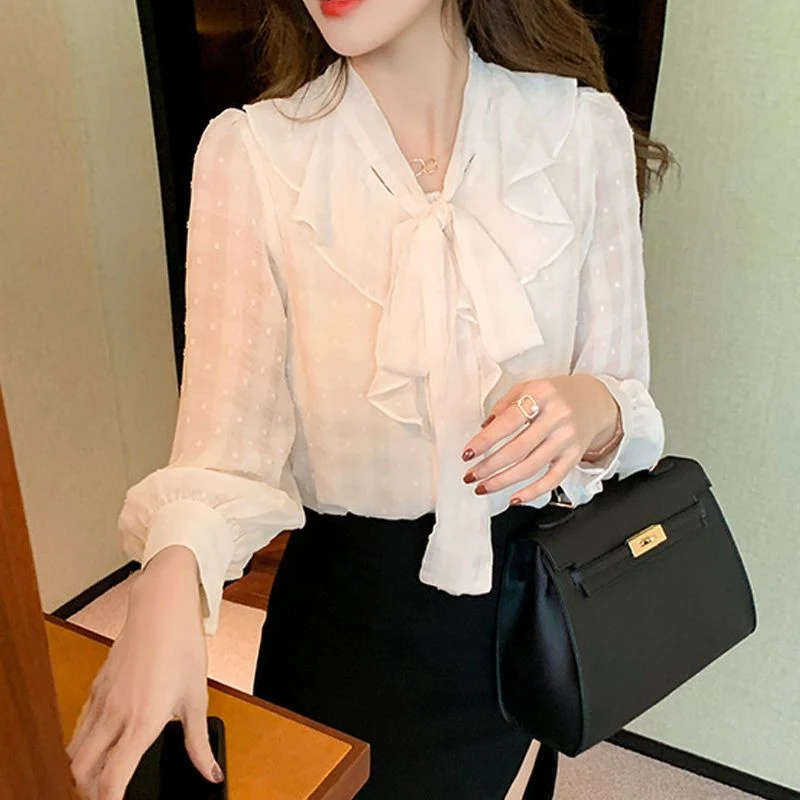 Bow Lace Up Ruffle Elegant Chic Work Wear White Shirt for Women Spring Autumn Trendy Korean Long Sleeve Loose Blouse Ladies Tops