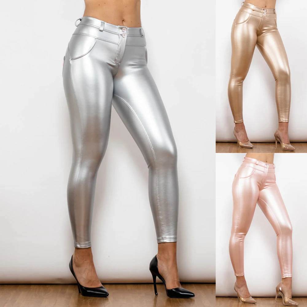 

Shascullfites Leggings Women Stretch Leather Pants Bum Lifting Leahter Leggings Metallic Pants