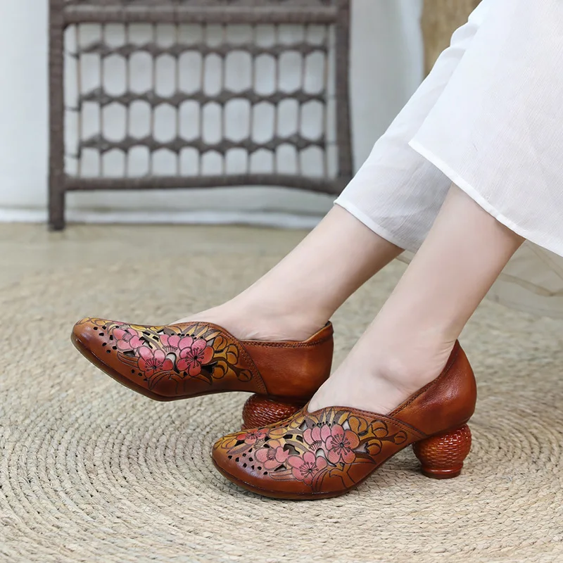 Womens Heels Shoes Embroidery Genuine Leather Pumps Women Shoes Summer Loafers Heels Women Leather Hollow Out 2023