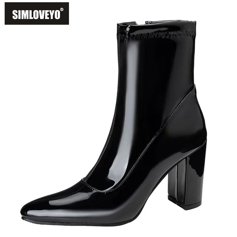 

SIMLOVEYO2025 Женские ботильоны с острым носком на блочном каблуке 8,5 см на молнии, большие размеры 44 45 46 US15, черный, белый, красный