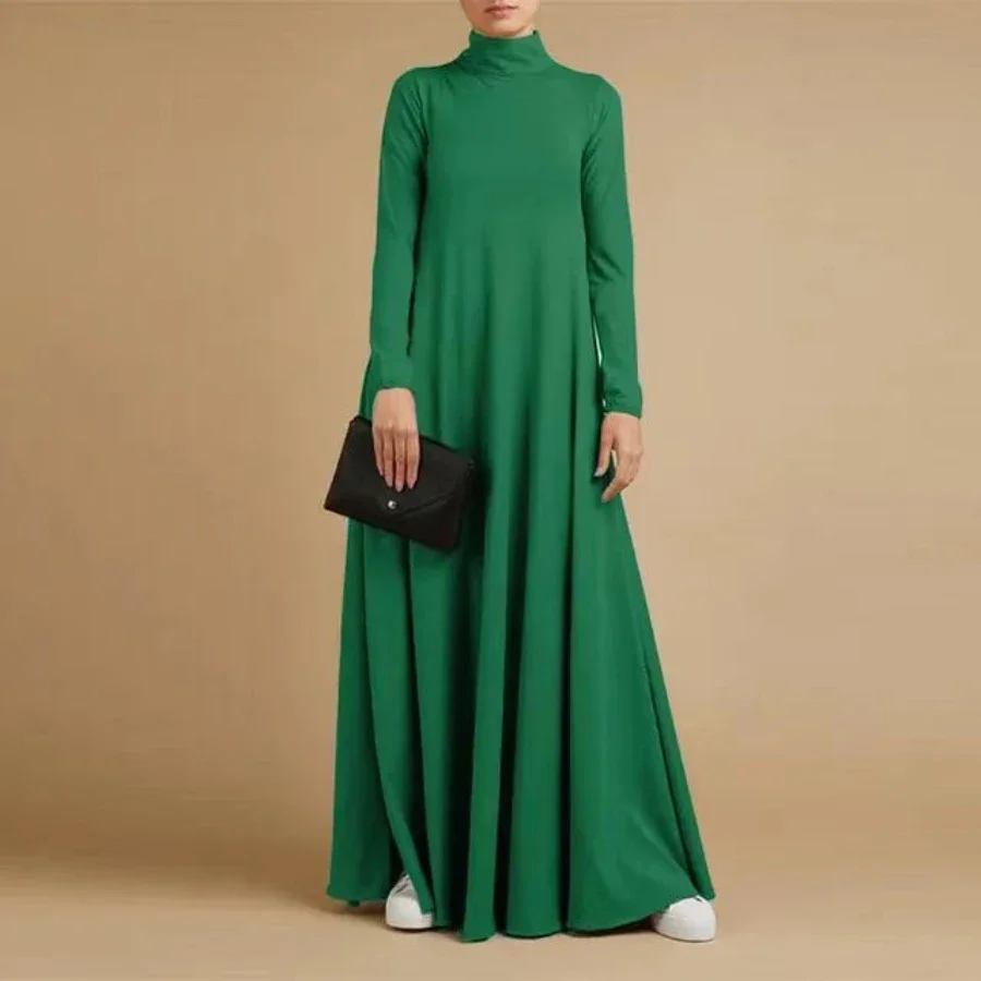 Abayas Muslim Dresses Women Clothing Long Sleeve Maxi Dress Elegant High Collar Loose Fit  A-line Frcok Solid Color Thin Outfits