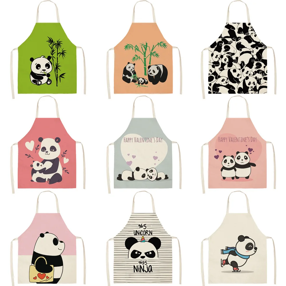 Cartoon Panda Multi-functional Linen Apron Dress Garden Children's Aprons for Woman Man Kids Pink Kitchen Baking Accessories