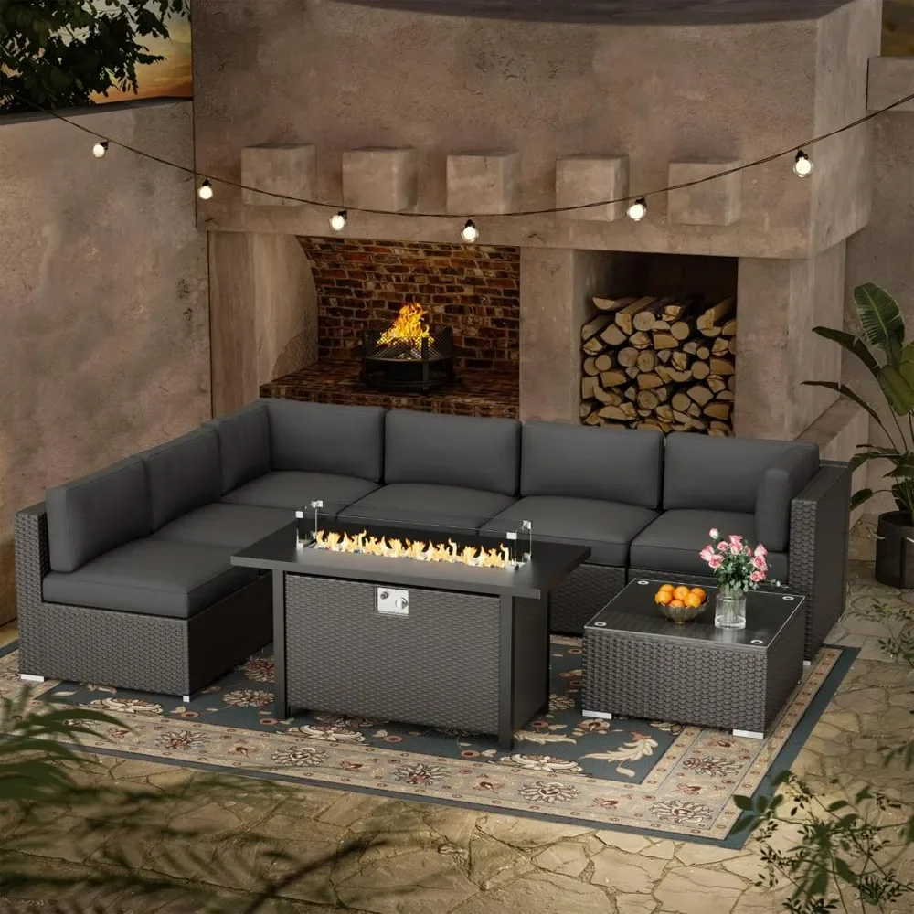 

8-Piece Outdoor Patio Furniture Sofa Set with 45”Propane Gas Fire Pit Table,Black Rattan Wicker Sectional Conversation Sets Grey