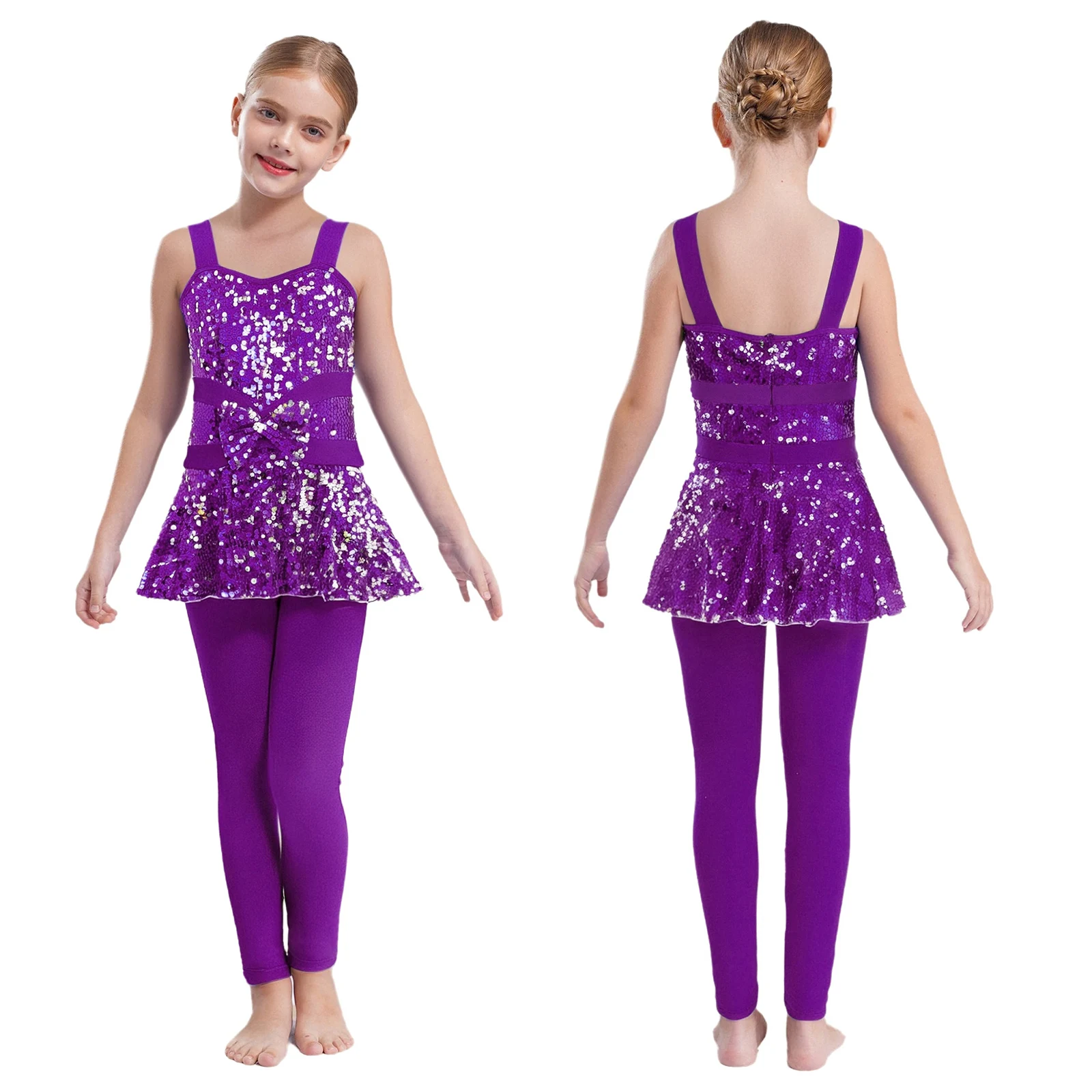 

Kids Girls Jazz Disco Dance Jumpsuit Wide Shoulder Straps Sleeveless Back Shiny Sequins Peplum Rompers Hip Hop Street Dancewear