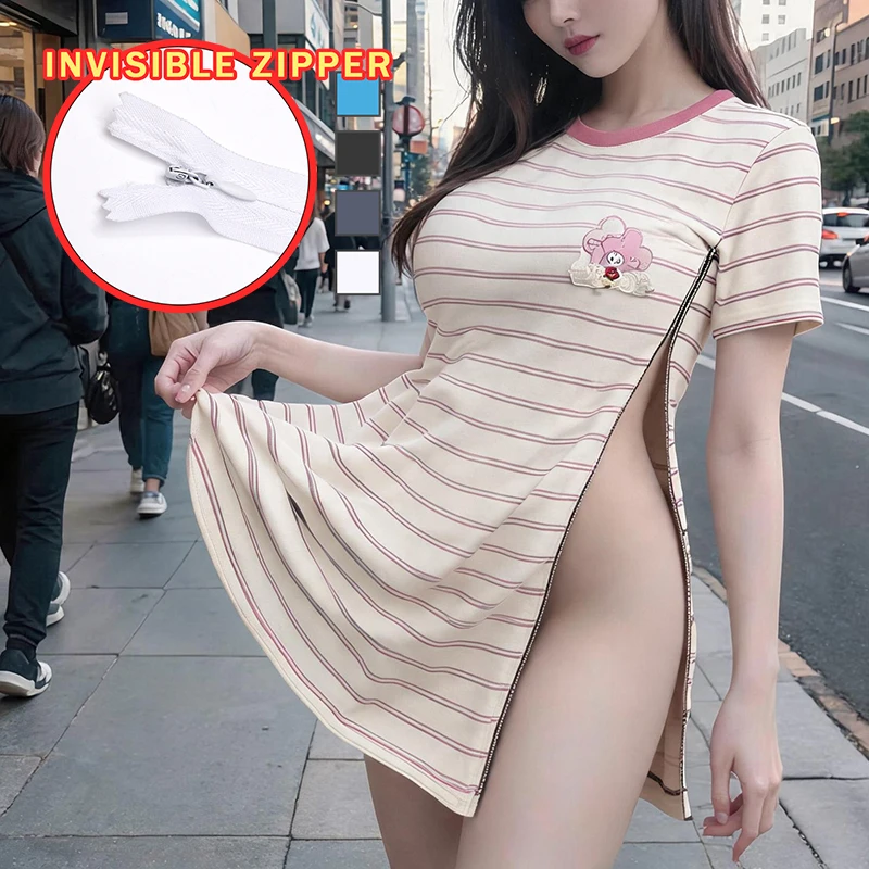 Women Pink Side Open Hidden ZIpper Sexy Dresses Long Outdoor Exposed Play SEX Easy Take Off Zipper Skirts Exotic Type Panties