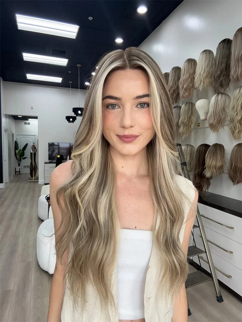 Pelucas delanteras de encaje ondulado para mujer, peluca con parte superior de encaje sintético sin pegamento, color rubio platino, a la moda, para uso diario en fiestas