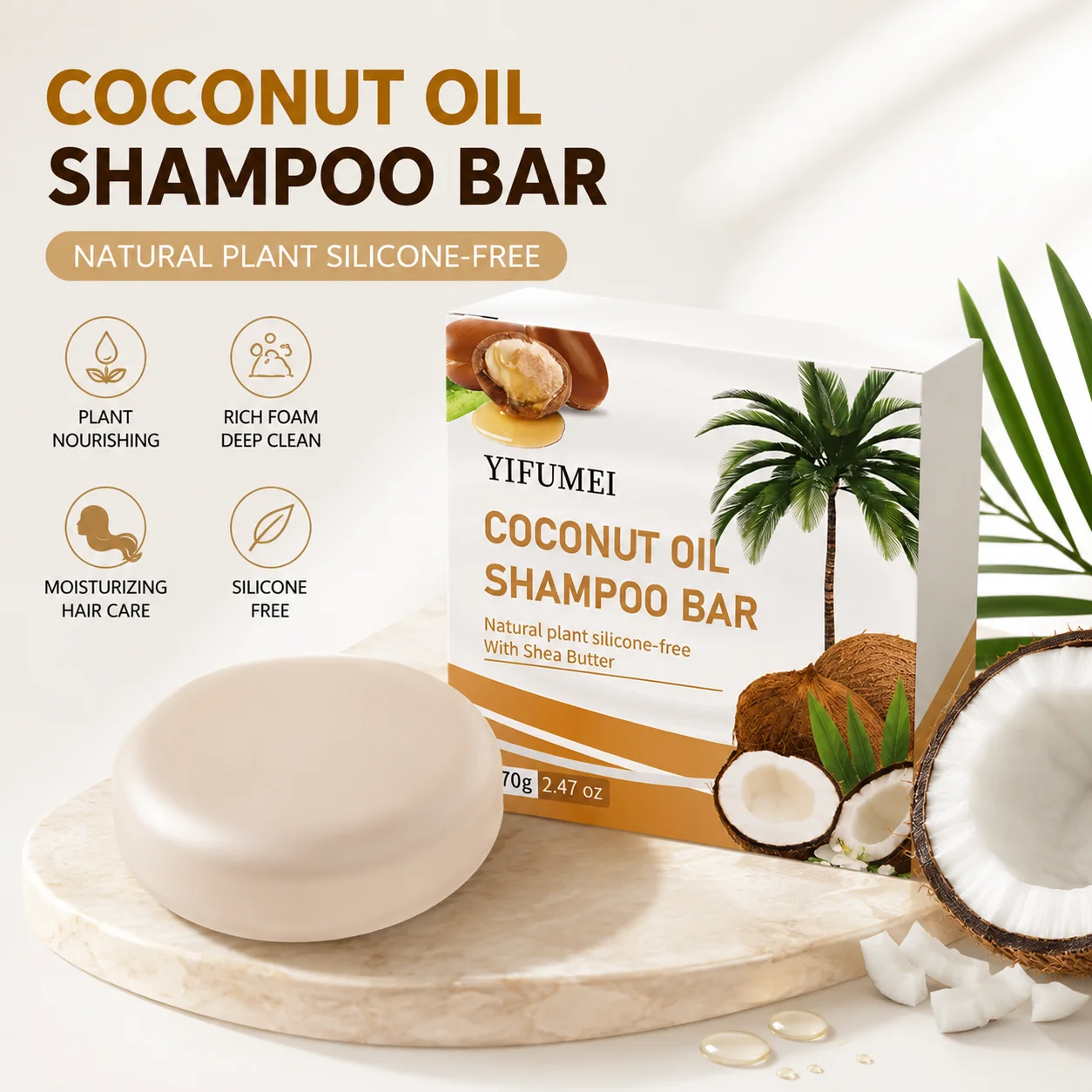 3Pcs Coconut Oil Shampoo Soap Gentle Nourishing Strengthening Hair Care Solid Handmade Natural Non-irritating Refreshing 70G