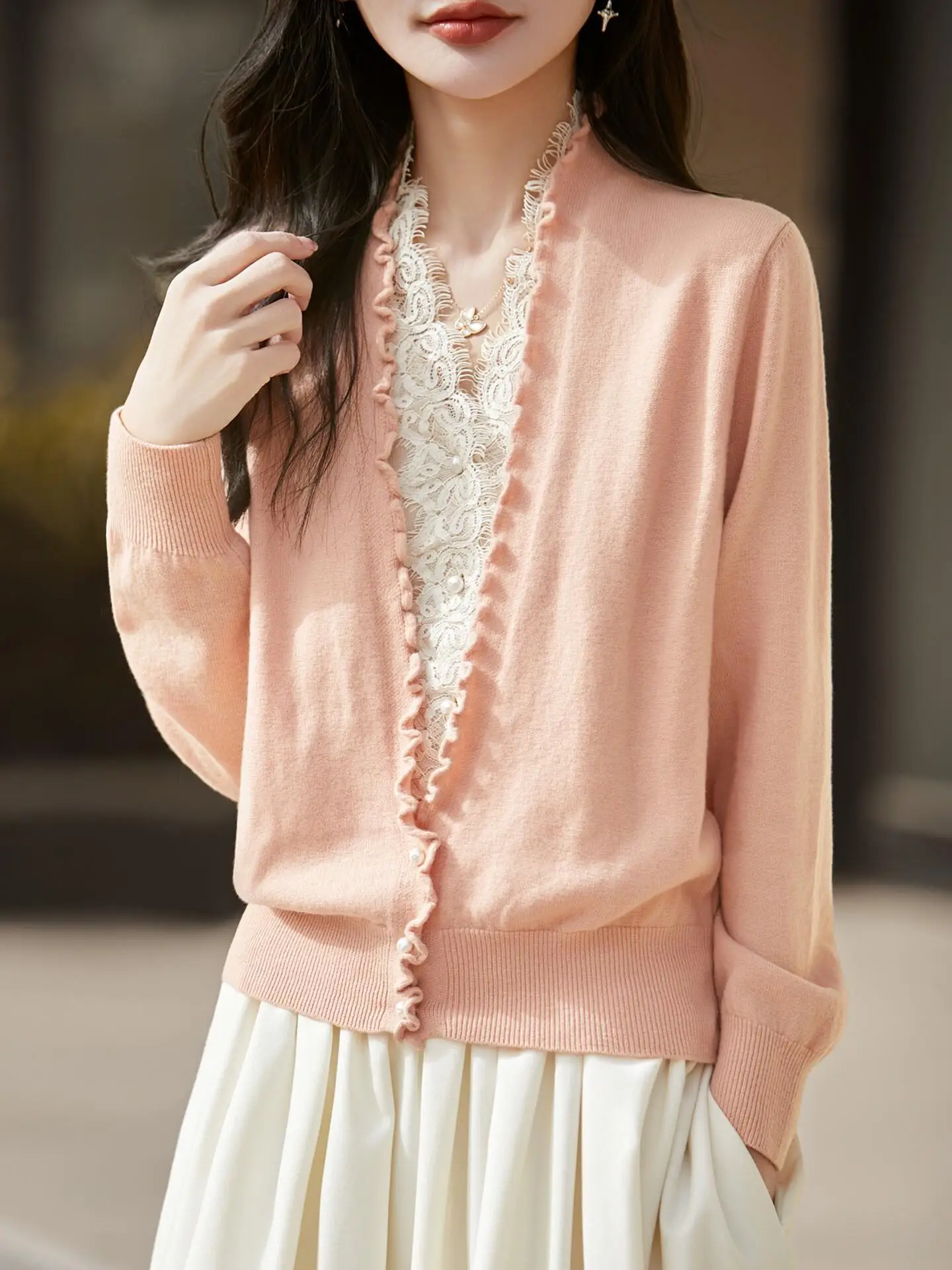 Delicate Lace Color Block V Neck Cashmere Knitted Open Cardigan Women Loose Knitted Top Soft Silk Wool Blend Long Sleeve