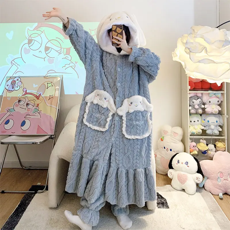 Miniso Kit Girl Coral Fleece Thickening Hooded Robe Trousers Suit Winter Kawaii Cinnamoroll Comic Keep Warm Pajamas Leisure Wear