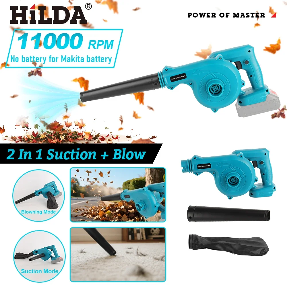 HILDA-soplador eléctrico inalámbrico Turbo 2 en 1, máquina de soplado y succión, aspirador de hojas de mano para batería Makita de 18V