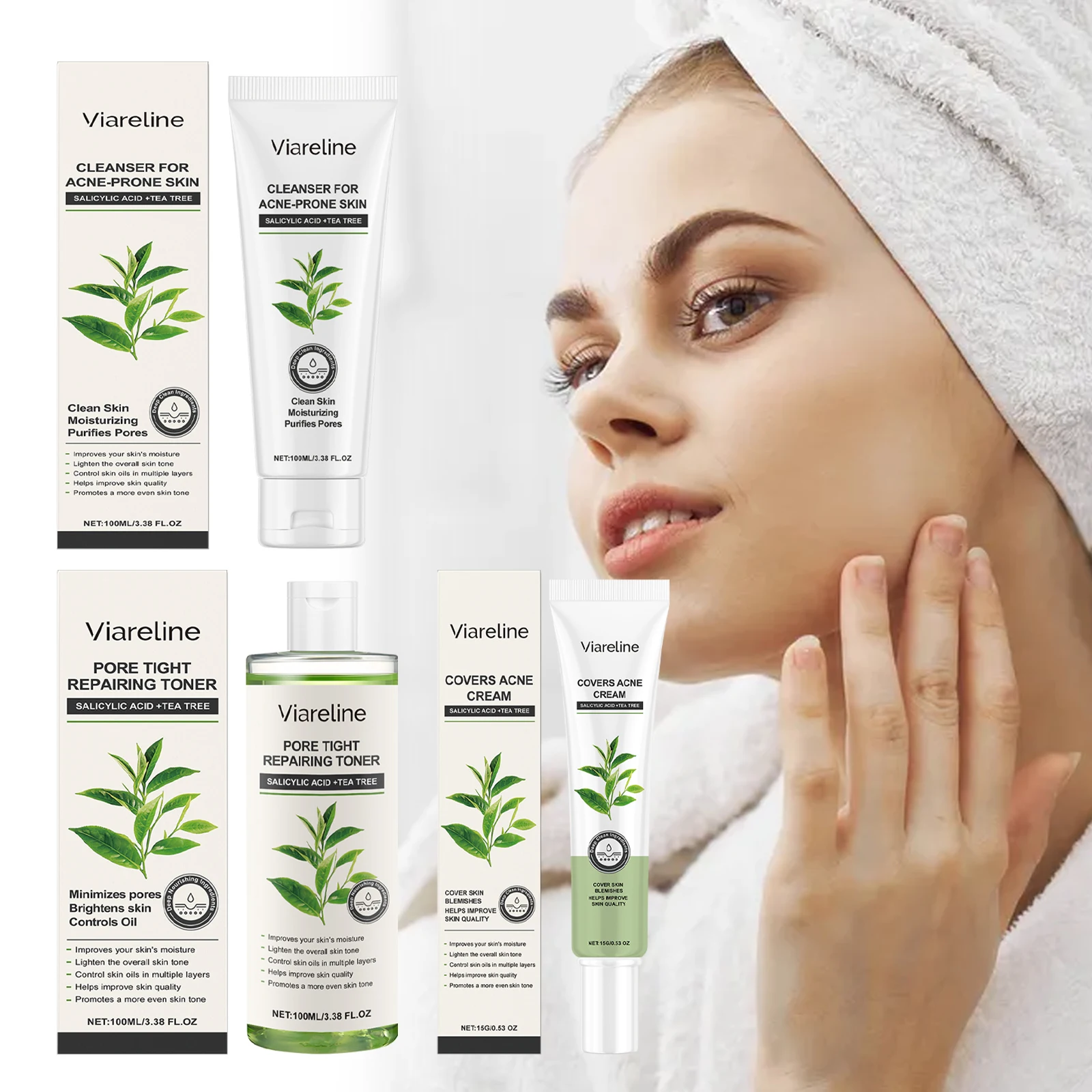 

Viareline Green Tea Moisturizing face cream Gloss Oil Control Cleaning Balance Skin Moisturizing Skin Care Set Women's Skin Care