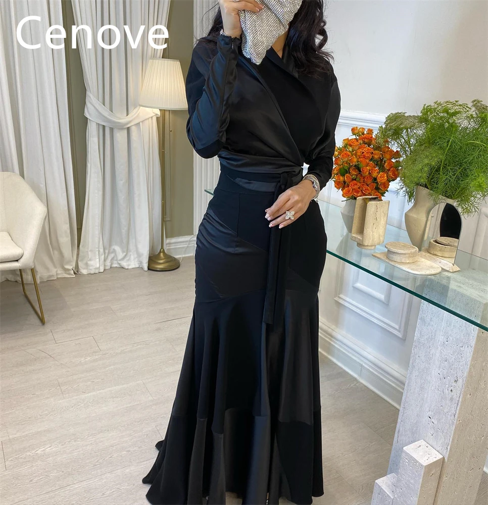 

Cenove Popular Black V-Neck Mermarid Prom Dress Floor Length Draped With Long Sleeves Evening Summer Party Dress For Women