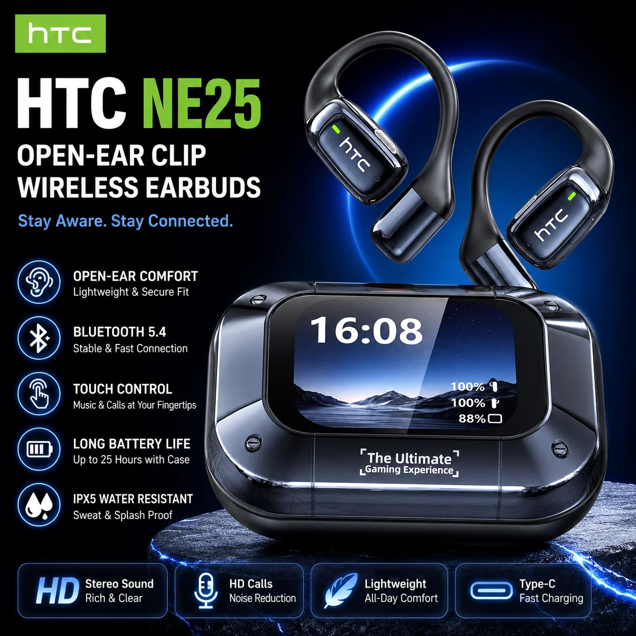 Écouteurs sans fil Bluetooth 5.4 HTC NE25 OWS avec traducteur IA pour plus de 135 langues, traduction vis-à-vis, commande tactile