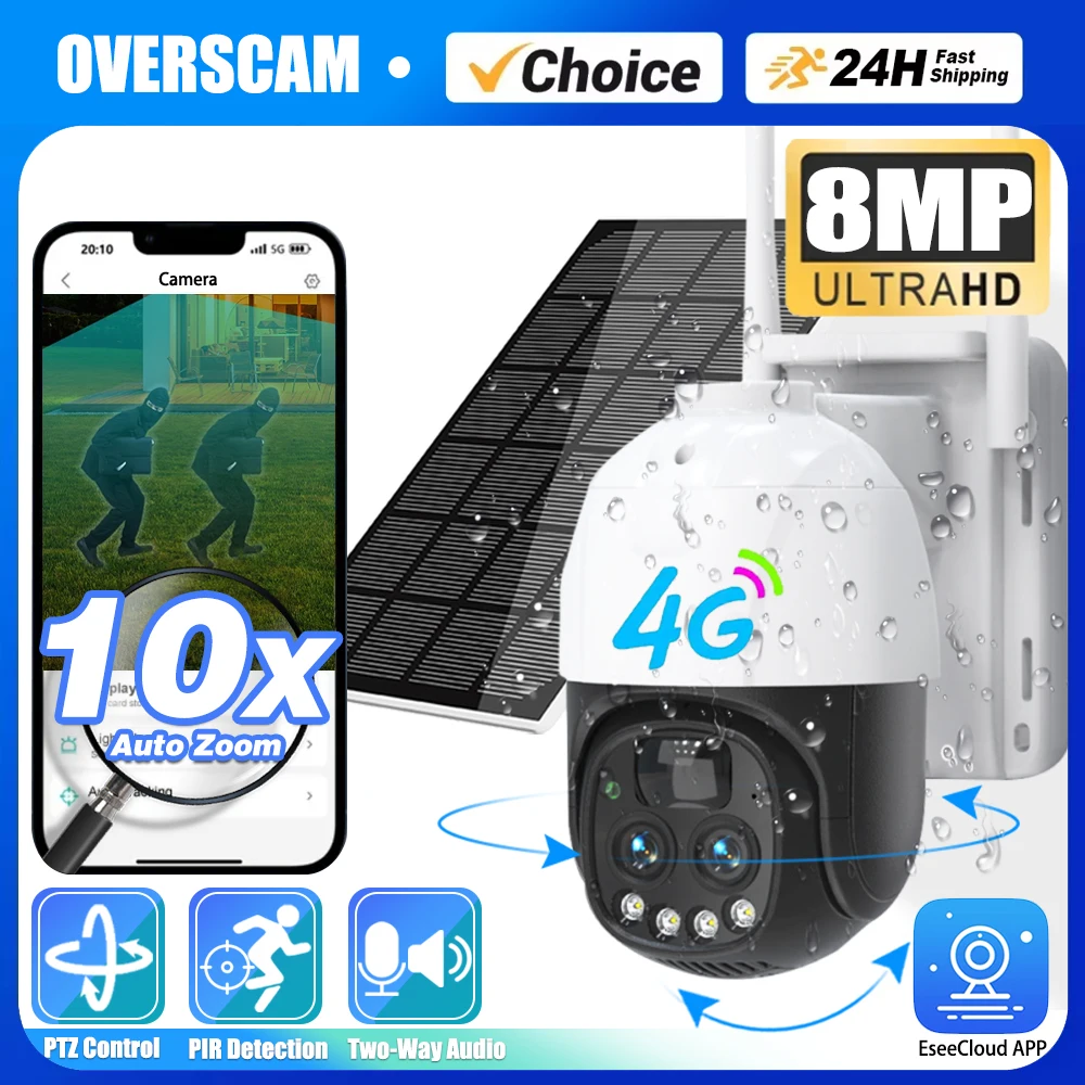 

8MP 4G 4K 10X PTZ Zoom Sim Card Camera Outdoor Solar Built-in Battery Video Surveillance Camera Long Time Standby Solar Cameras