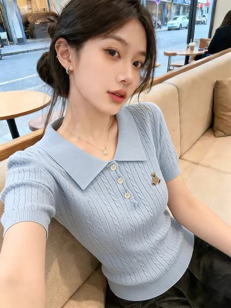 

Korean Style Collar Embroidered Short Sleeve Knitted Top Women Slim Fit Summer New Arrival Fashionable Casual Wear