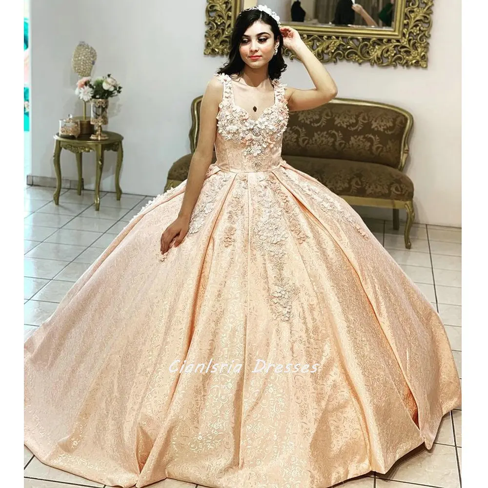 샴페인 연인 오픈 다시 Quinceanera 드레스 볼 가운 꽃 아플리케 달콤한 15 여자 파티를위한 레이스 꽃 코르셋