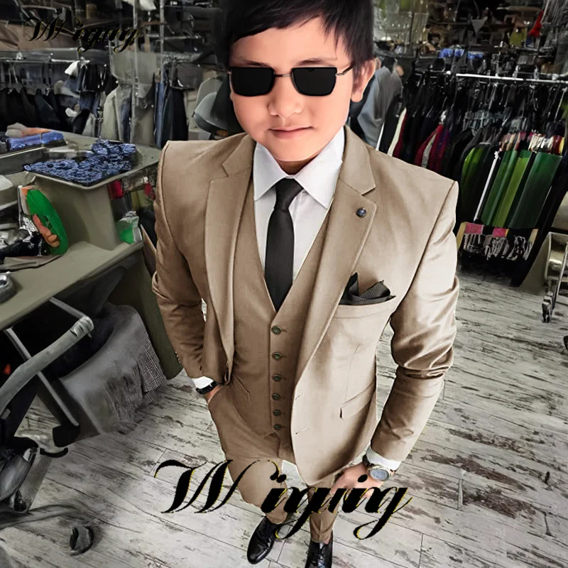 

Khaki Boys Suit Formal Jacket Vest Pants Three Piece Suit Wedding Kids Tuxedo Business Slim Fit Blazer Boys