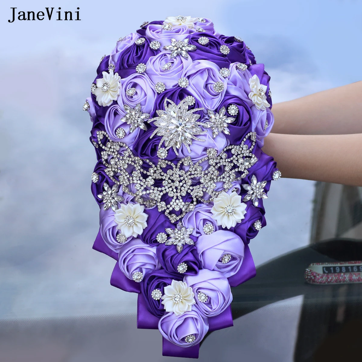 

JaneVini Luxury Silver Crystals Purple Cascading Flowers Waterfall Bridal Bouquets Artificial Satin Roses Wedding Brooch Bouquet