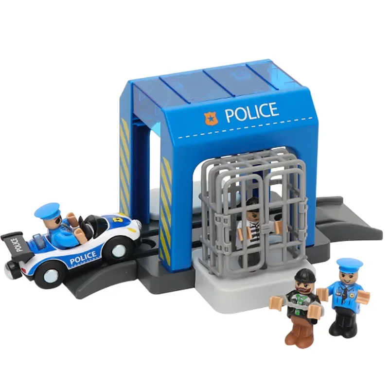 Accessori per scene di città per autolavaggio della stazione di polizia compatibili con i giocattoli da pista per bambini Pista del treno in legno in plastica