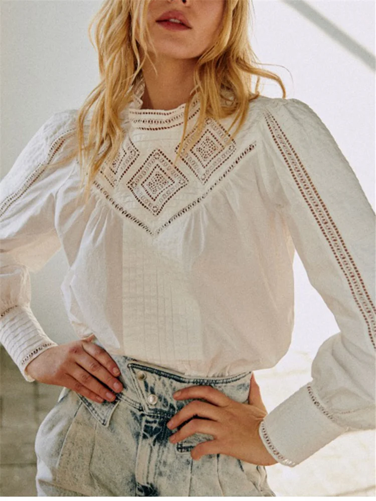 

Lady Puff Sleeve Back Single-Breasted Pleated Blouse and Tops Women Cotton Lace Embroidered Hollow Out White Shirt Early Autumn