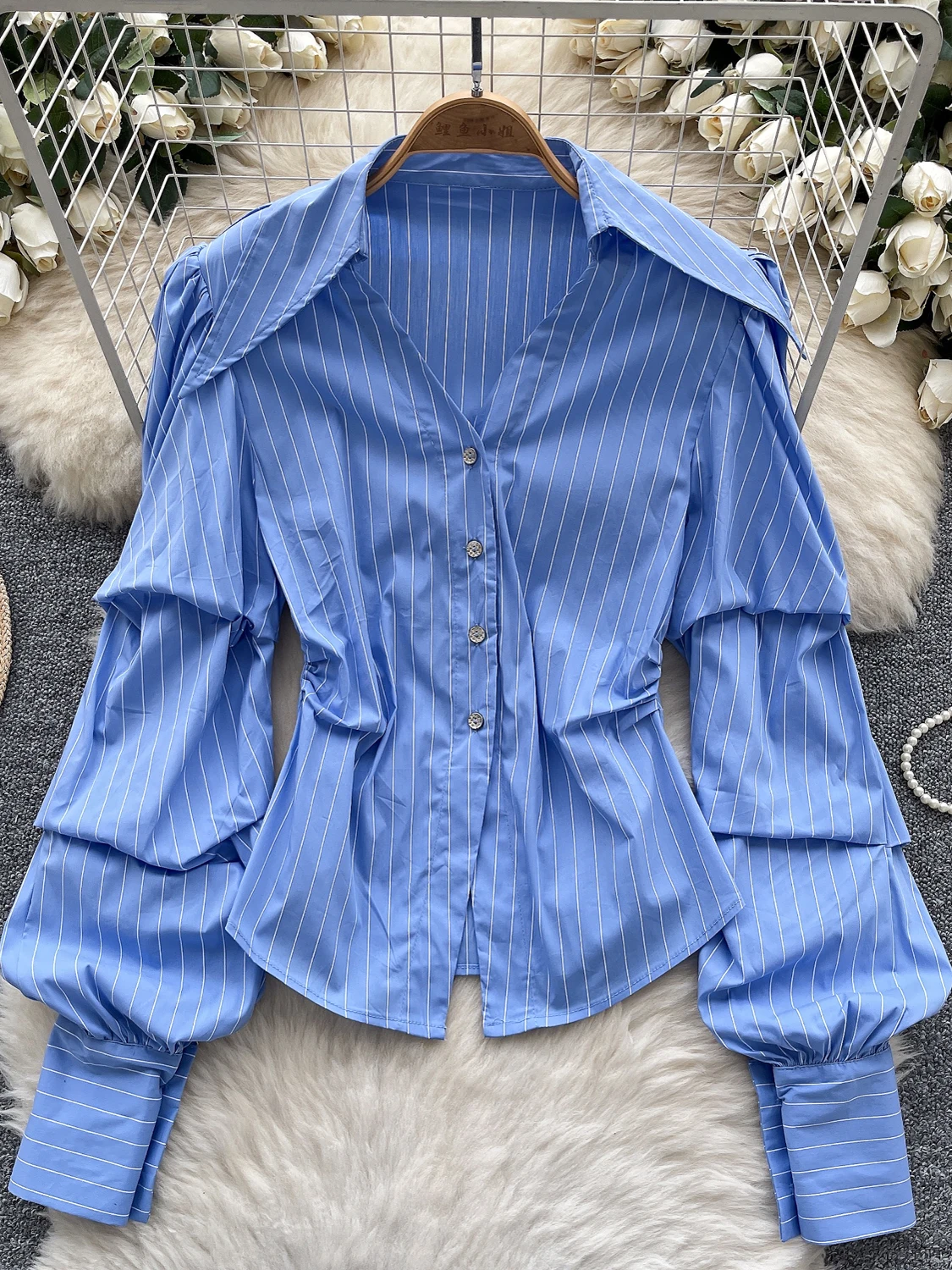 

Shirring Long Sleeve Lapel Single Breasted Stripe Shirts Women Versatile Waist-cinching Coat Casual Slim Fashion Niche Tops
