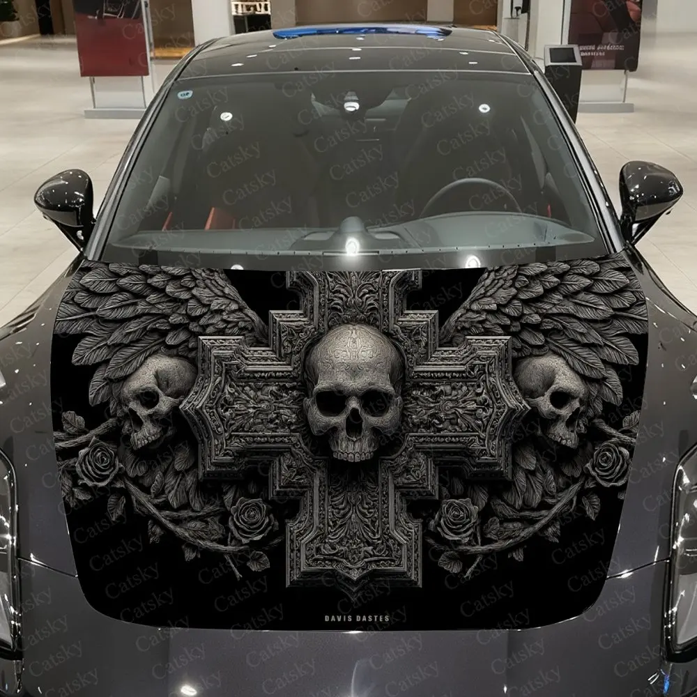 

Виниловая пленка для автомобиля с готическими розами и крыльями-черепами, водонепроницаемая наклейка на капот из ПВХ, самоклеящиеся устойчивые к царапинам наклейки