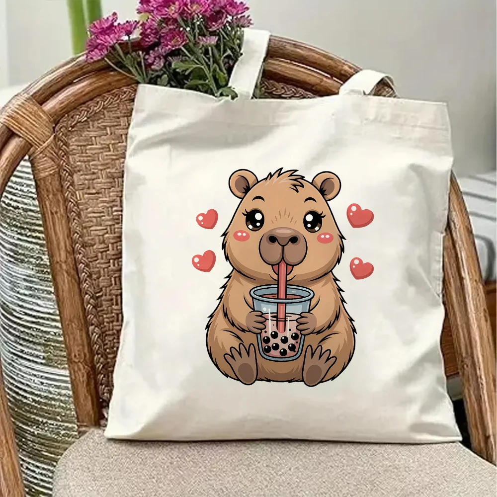 Adorable Capybara Boba Canvas Tote Bag Kawaii Bubble Tea Theme Shoulder Handbag Aesthetic Grocery Shopping Book Bag Gift