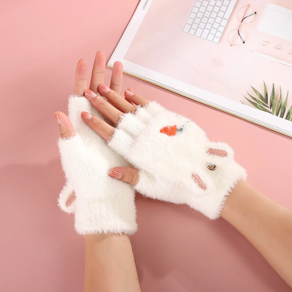 

1Pair Winter Warm Gloves Lovely Half Finger Gloves for Children Thick Keep Warm Cartoon Design Ideal for Reading Notes School