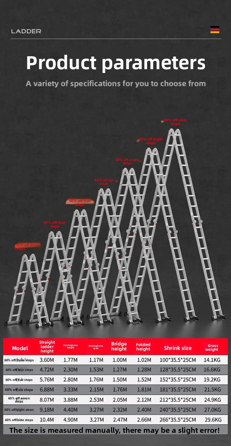 DELI  Multi-functional Household Folding A-Frame Telescopic Ladder Thickened Aluminum Alloy Construction Adjustable
