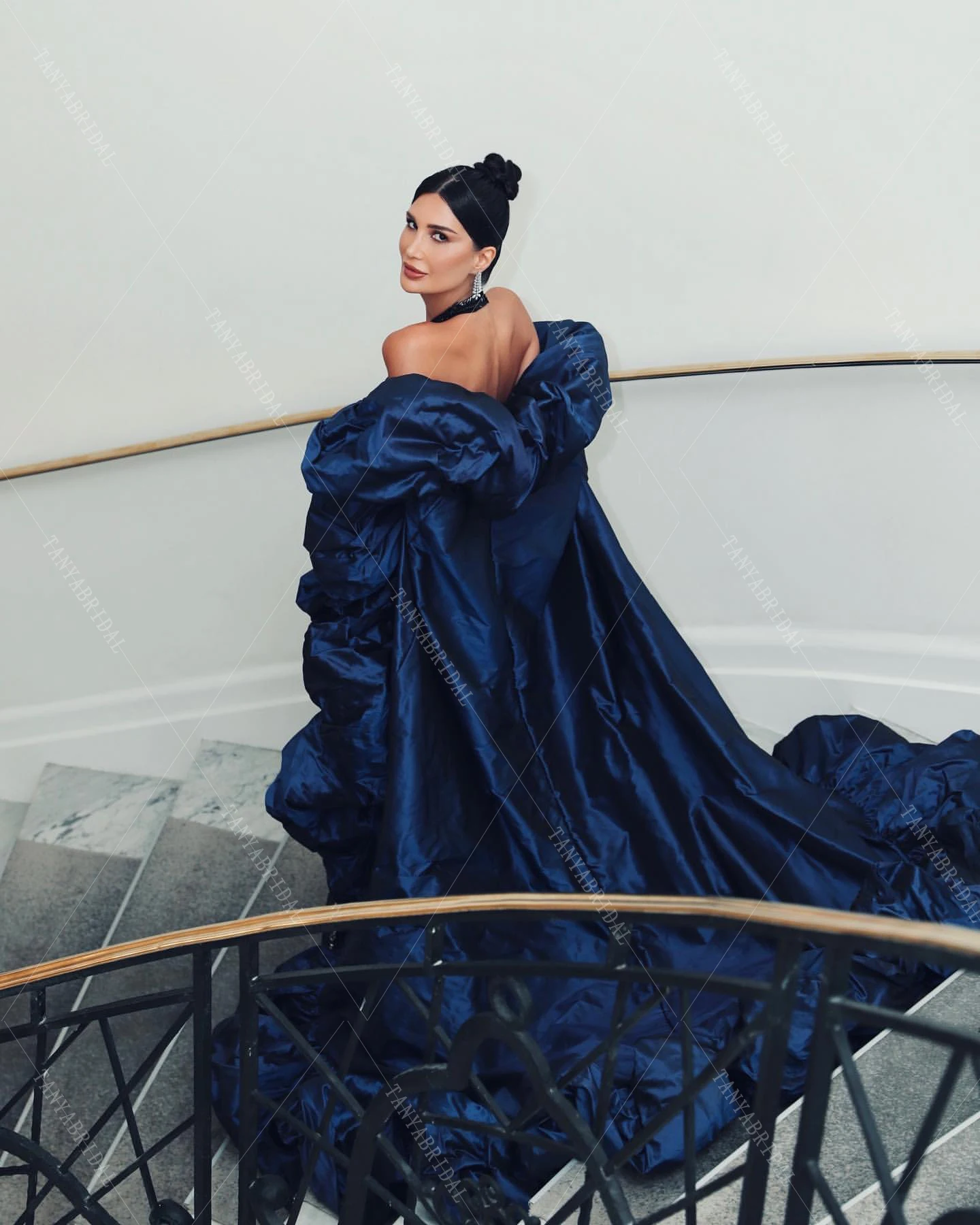 Navy Blue Taffeta Long Jacket Wrap With Ruffles Edge Fashion Cape Chic  DJ225