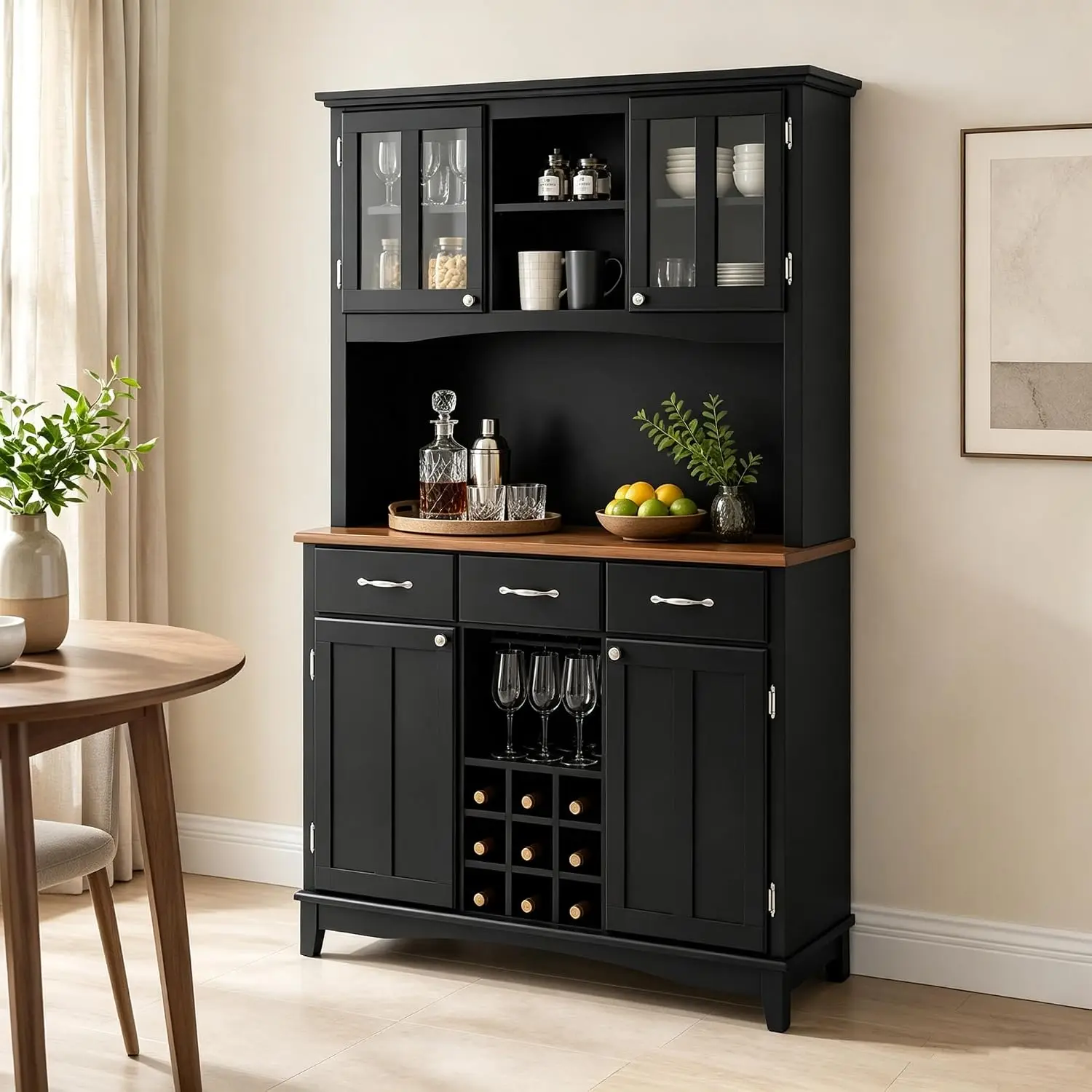 Kitchen Cabinet W/ 4 Doors, 3 Drawers & 9 Wine Grids, Black, Customized