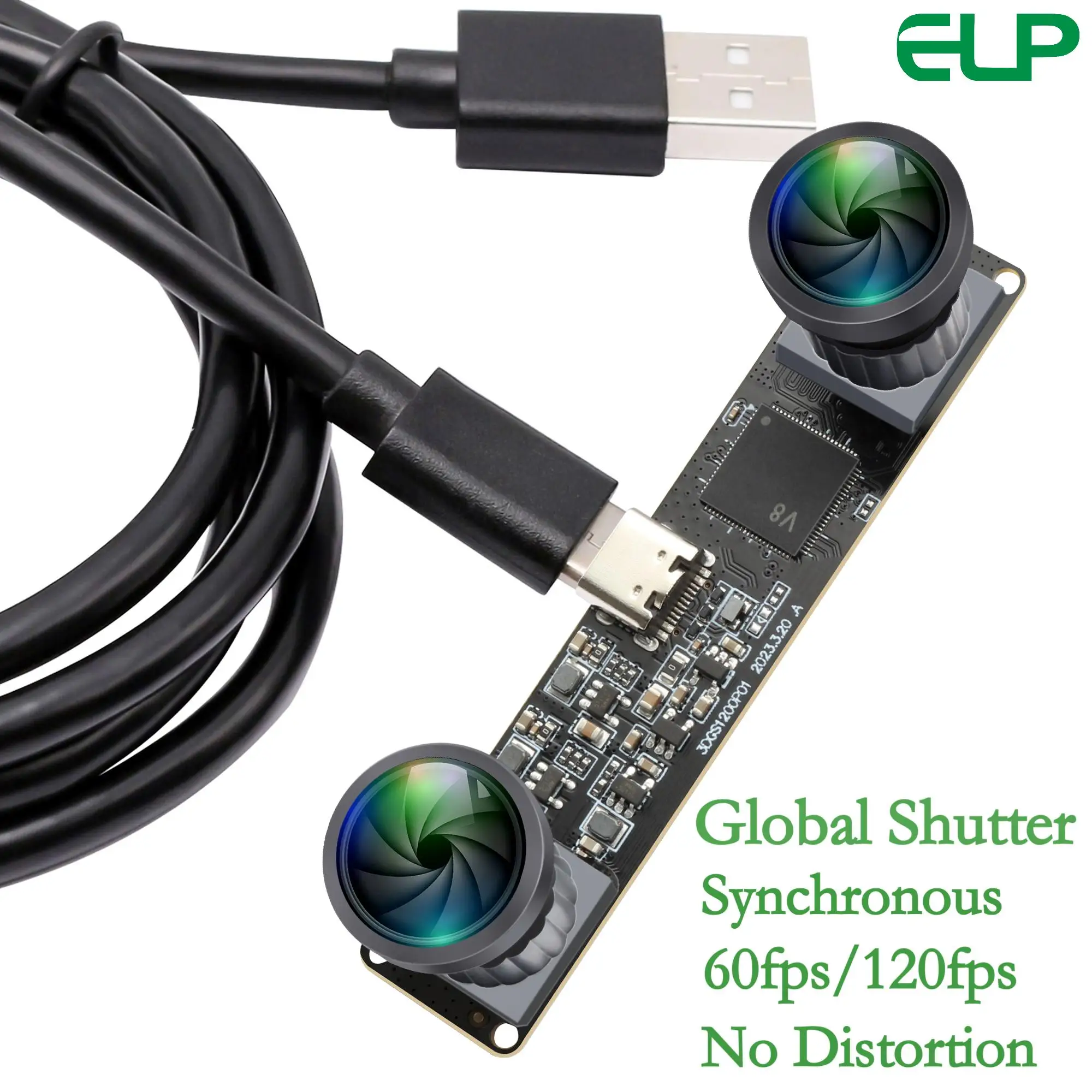 ELP Synchronous 3D Stereo VR USB Camera 60Fps 120fps Mini 1200P Global Shutter Camera Module with No Distortion Wide Angle Lens