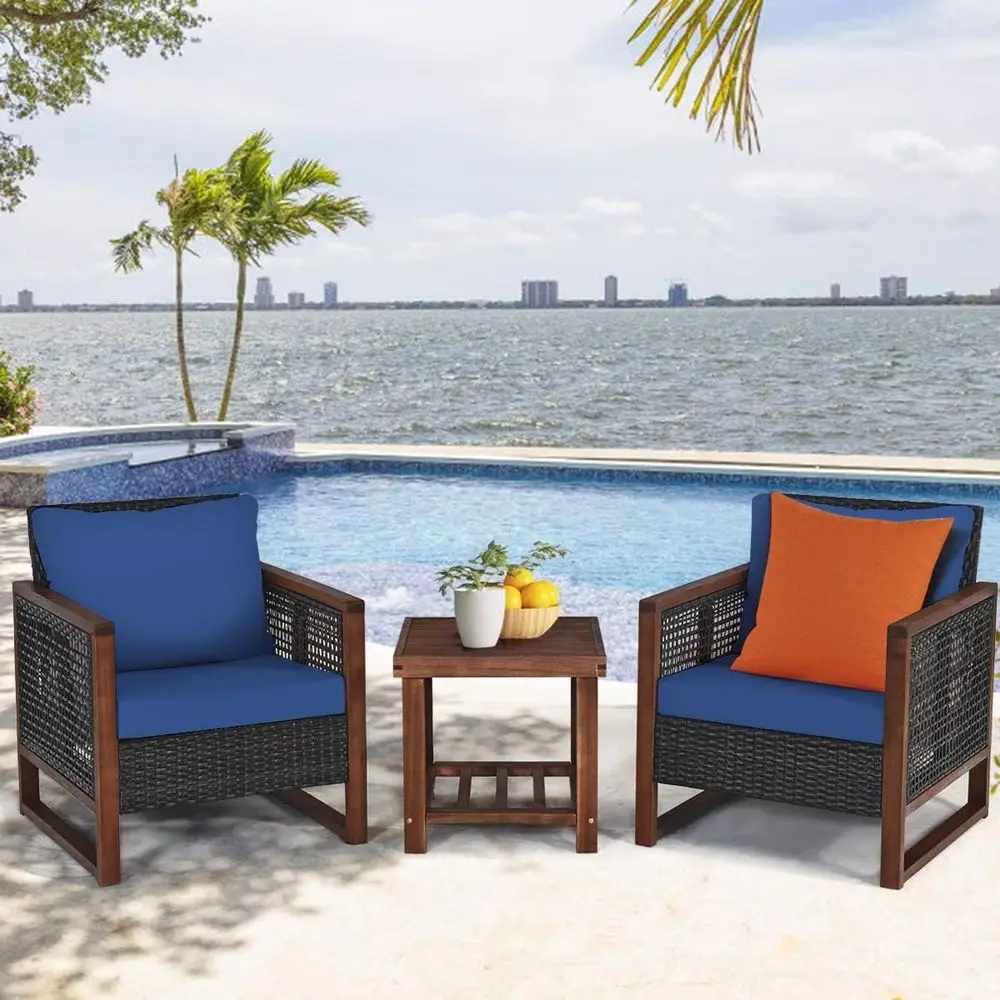 Blue Outdoor Rattan Sofa Set with Washable Cushions and Acacia Wood Coffee Table for Patio Conversations