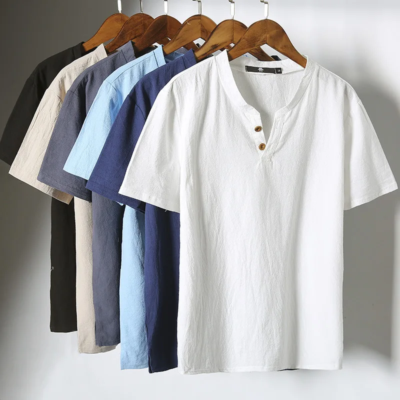 Fashion Men'S Linen T-shirt Short Sleeves V Neck Button Solid Color Slim Fit Casual Short Male Tee Shirt Top Japanese Style