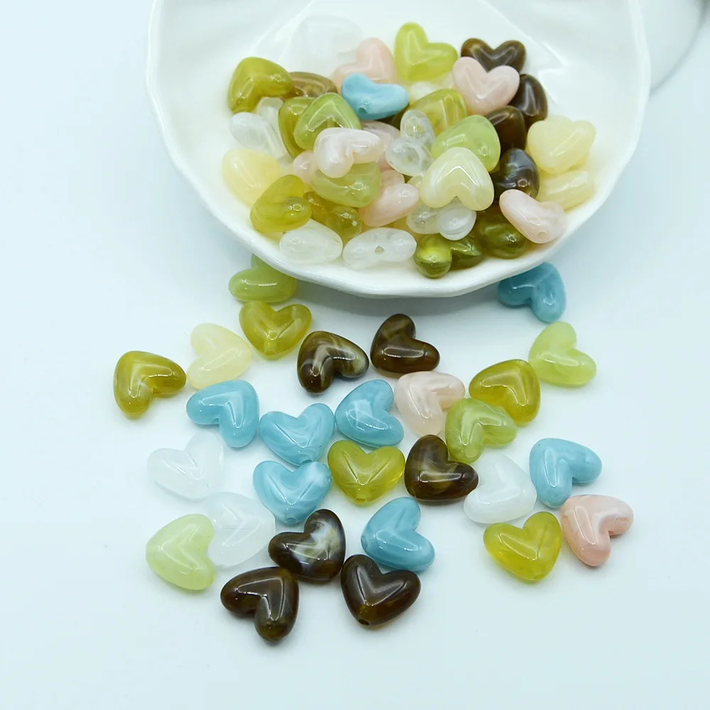 30 Pieces 14 * 14mm Straight Hole Jelly Colored Acrylic Heart-shaped Beads  DIY Handmade Necklace Bracelet Accessories Materials