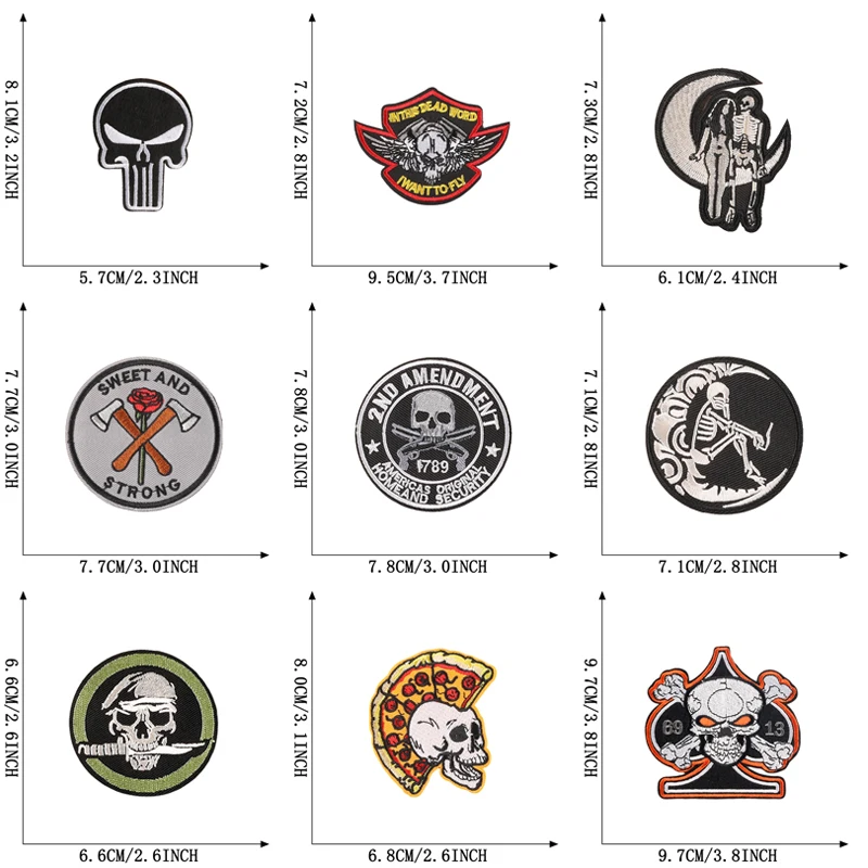 10pcs Skull Patches For Clothing Iron On Embroidered Jackets Sewing Fabrics Outdoor Lot Pack Diy Thermal Pizza Parches Badges