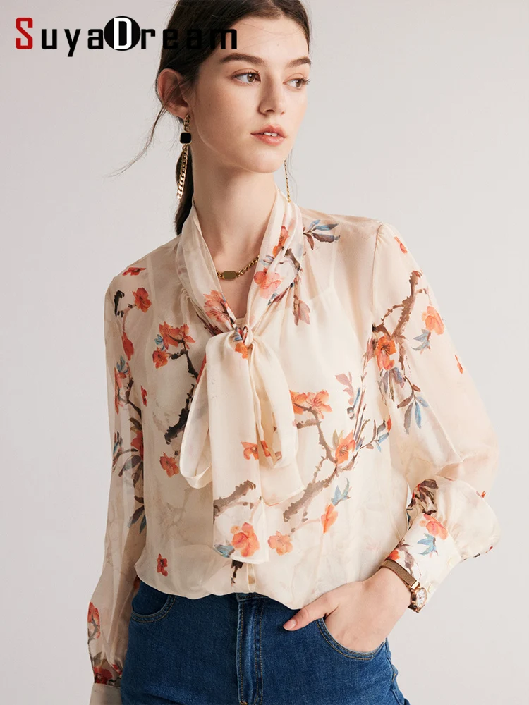 

SuyaDream Women Floral Shirts 40%Real Silk Bow Collar Single Breasted Chic Blouses 2023 Fall Winter Office Lady Top Pink