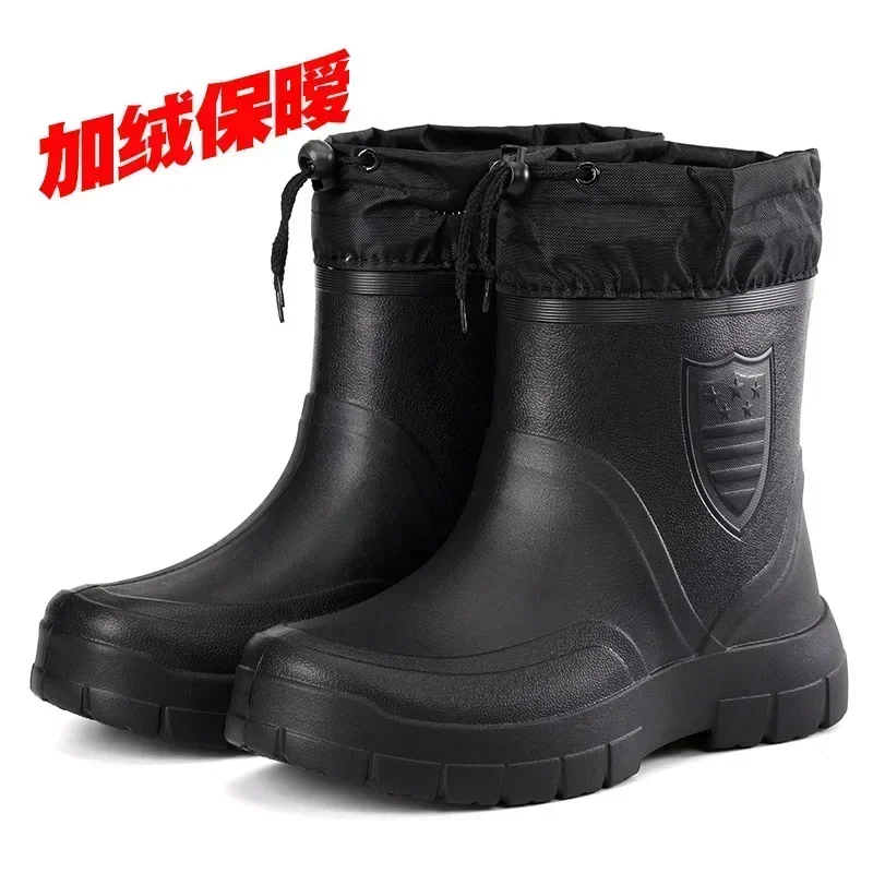 Inverno à prova de vento algodão botas de chuva homens luz quente tornozelo botas de chuva moda preto deslizamento em sapatos de chuva homens à prova dwaterproof água trabalho boot2024