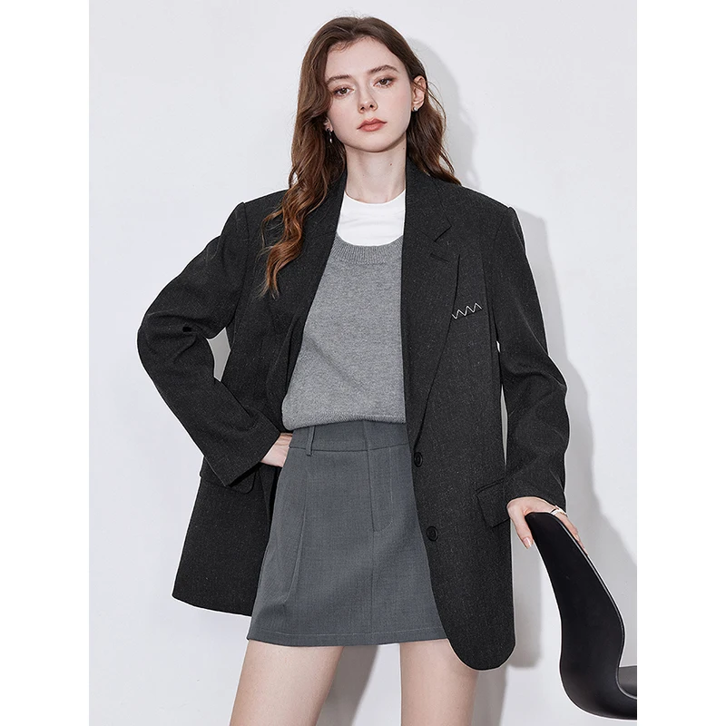 TOYOUTH Women Blazer Jacket 2025 Spring New Old Money Style Notched Collar Back Split OL Style Working Suit Gray