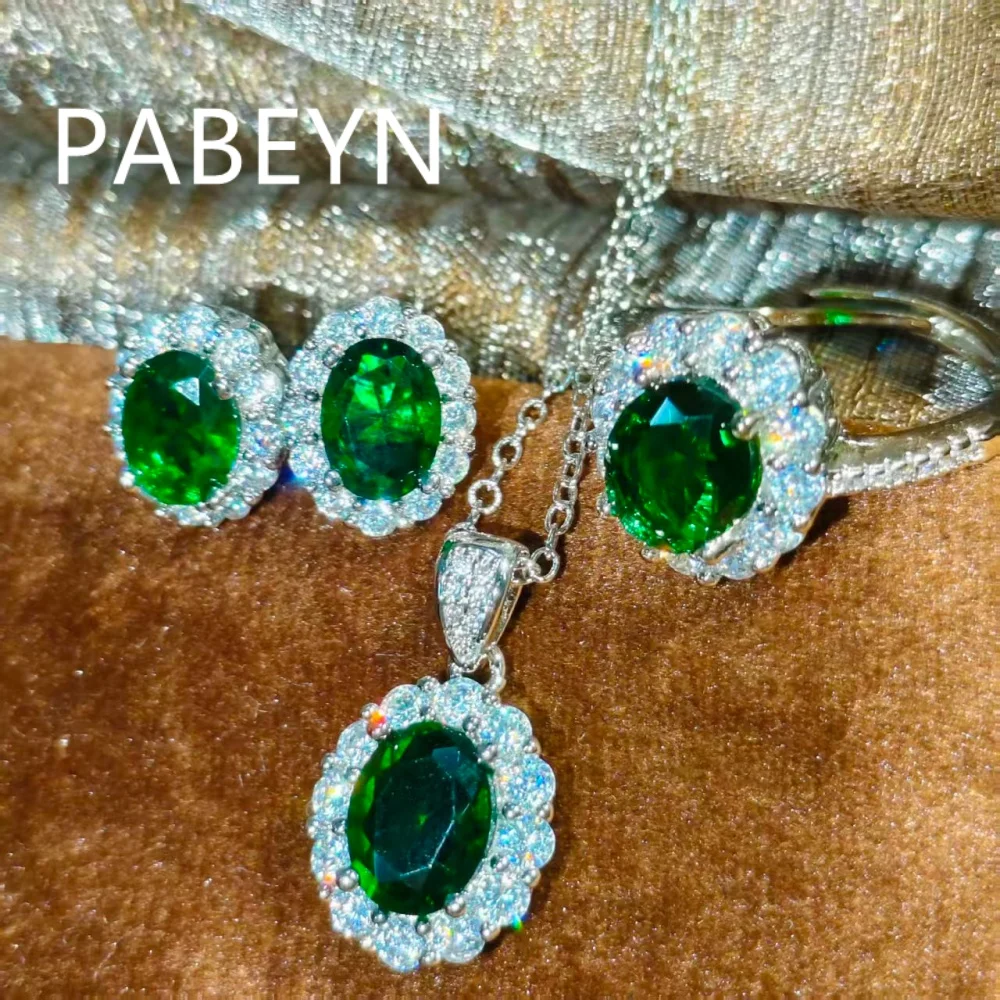 

925 Sterling Silver Fashion Light Luxury Color Treasure Green Zircon Ring Pendant Necklace Earrings 3-piece Set