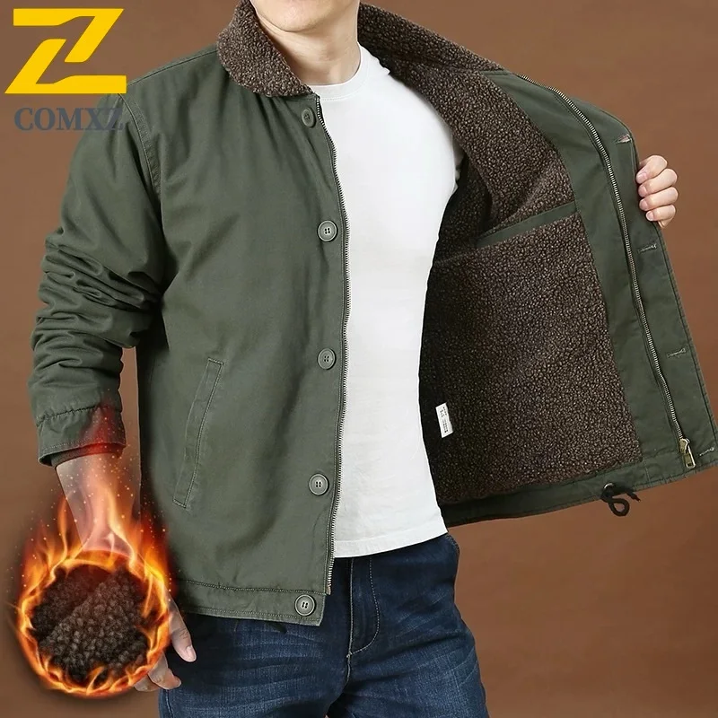 

Autumn Winter Parka Men's 2025 Street Fashion Fleece Thick Warm Pilot Jacket Casual Outdoor Wool Lined Cold-proof Padding Coat