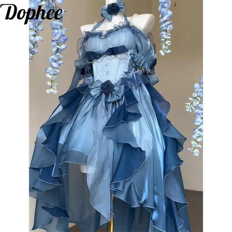 

Dophee женское синее свадебное платье элегантное с открытыми плечами и короткими рукавами милое платье принцессы с бусинами и оборками с бантом на шлейфом пышное платье