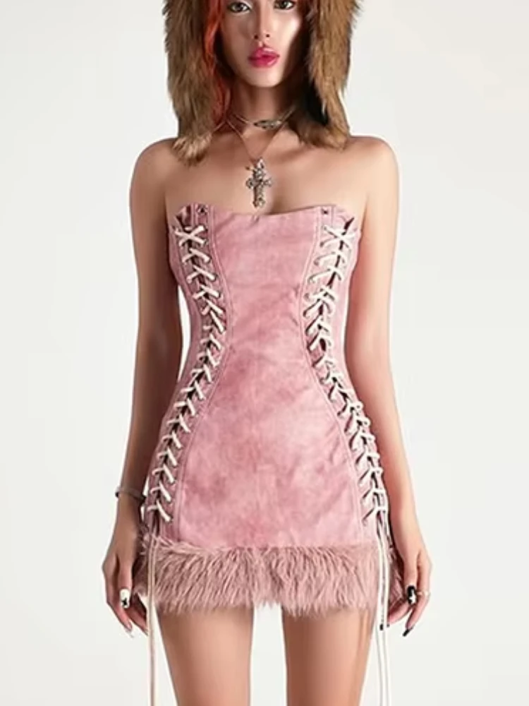 Sisterlinda Perzik Hip Strapless Jurk Vrouwen Shirring Feather Patchwork Sexy Zoete Valentijnsdag Skinny Clubwear Hottie Bodycon