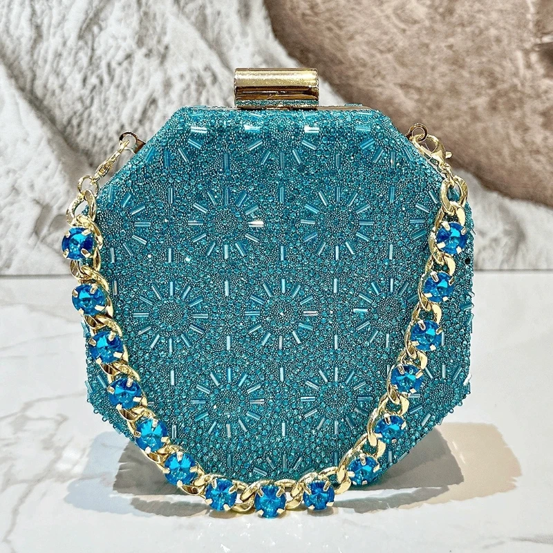 

Вечерние платья, сумки для женщин, роскошная синяя сумка со стразами, женская шестиугольная мини-клатч, цепочка с кристаллами, Bolsas Femininas