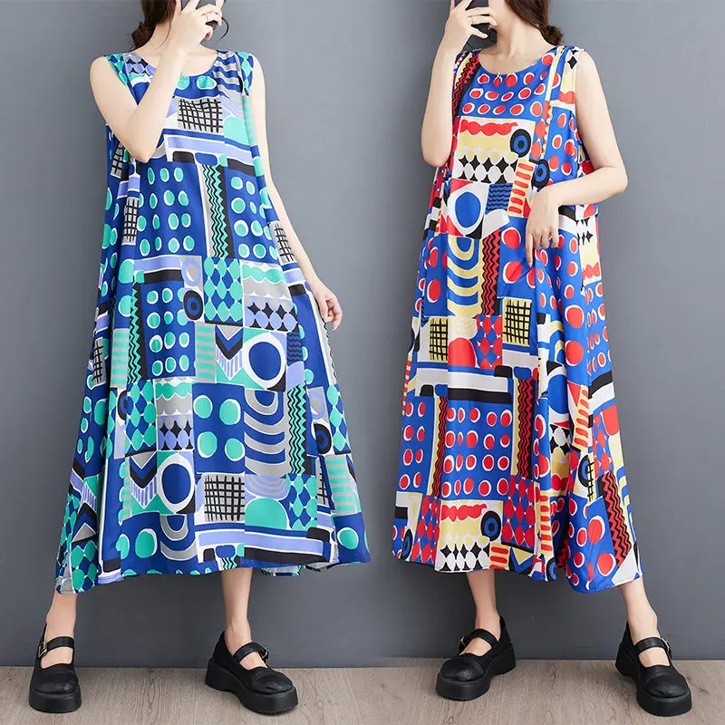 

Sleeveless Tank Top Dress For Women's Summer Outwear 2023 New Leisure Art Fashion Print Slim Temperament Dresses c053