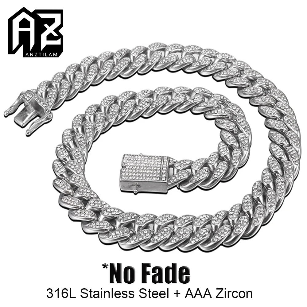 

No Fade 12mm Top Quality 316L Stainless Steel Necklaces Bling Zircon Iced Out Cuban Link Chain Chokers for Men Hip Hop Jewelry