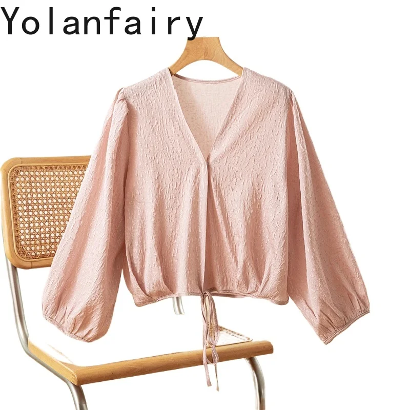 

YOLANFAIRY 93% Real Mulberry Silk Women Shirts French Elegant Long Sleeve Shirts Short Chic Shirts Dames V-neck Light Pink Shirt