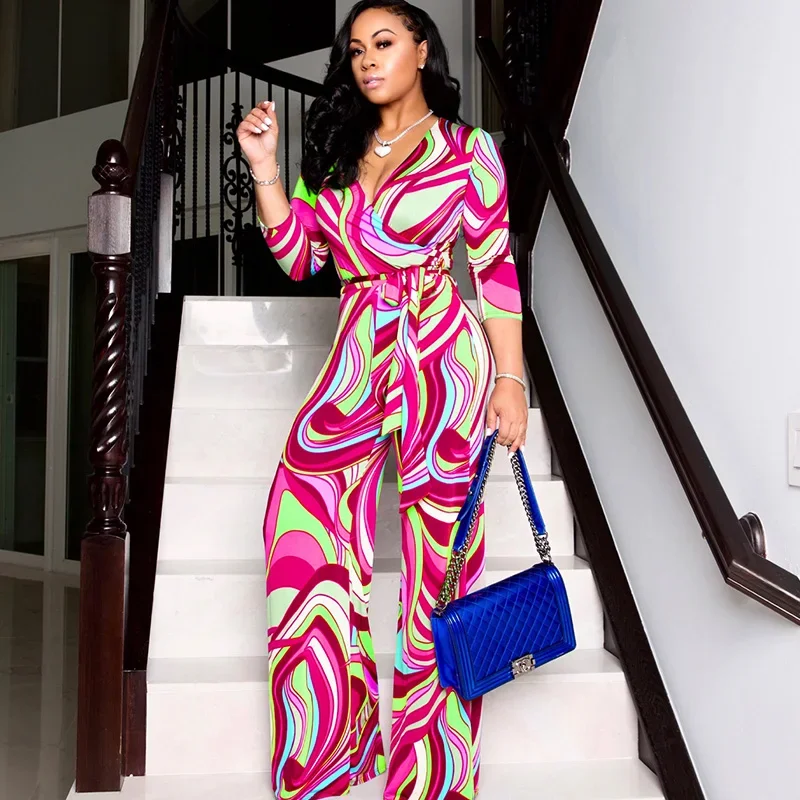 

Сексуальный комбинезон с принтом, женский элегантный комбинезон с длинным рукавом и v-образным вырезом для вечеринки в ночном клубе, широкие комбинезоны, свободные повседневные комбинезоны, цельный комбинезон