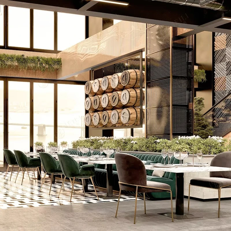 

Modern restaurant set 1 table and 4 chairs, cafe box sofa furniture, commercial restaurant chairs, gold