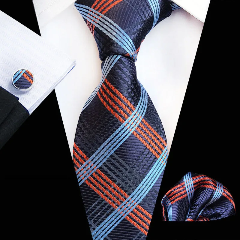 Men's Striped Diamond Lattice Formal Tie Three Piece Suit Including Tie Pocket Towel Cufflinks